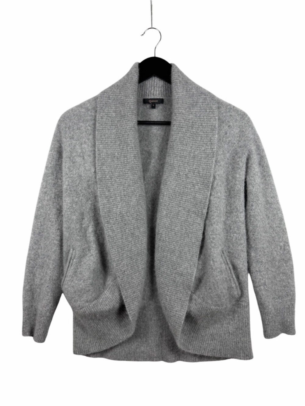 Quince Cashmere Open-Front Shawl Collar Sweater Cardigan w Pockets- Light Gray - Picture 2 of 9